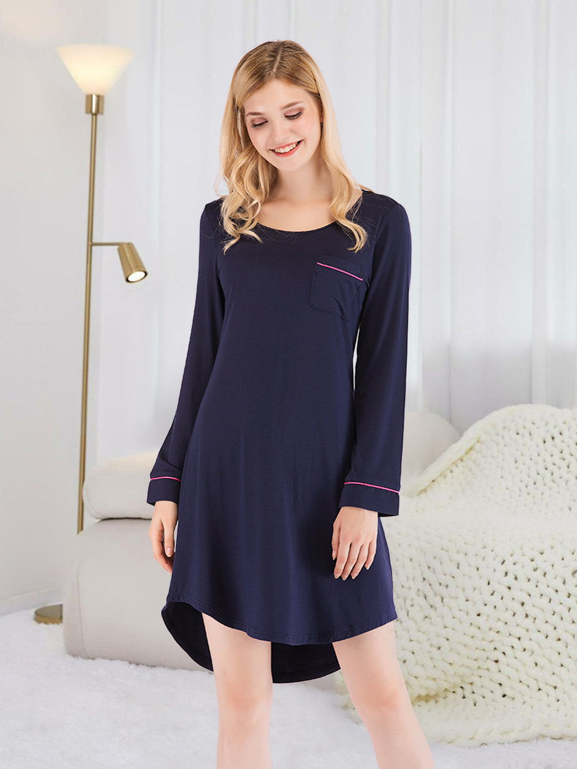 Round Neck Night Dress with Pocket Dark Navy - Fashorio