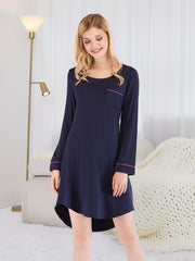 Round Neck Night Dress with Pocket Dark Navy - Fashorio