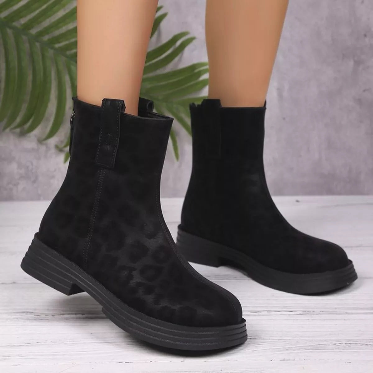 leopard round toe block heel boots front view