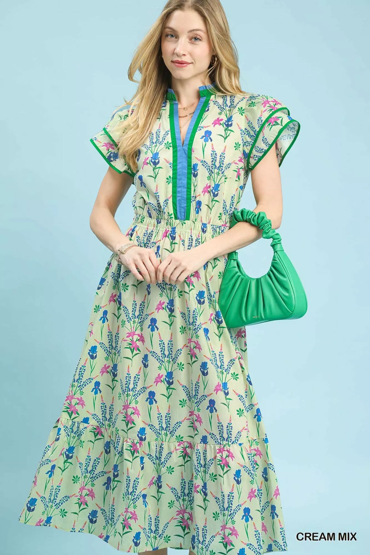Cream mixed floral tiered midi dress front view