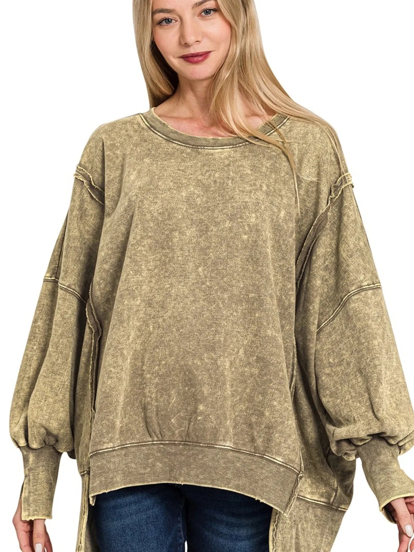 Zenana Acid Wash Exposed-Seam High Low Sweatshirt MOCHA - Fashorio