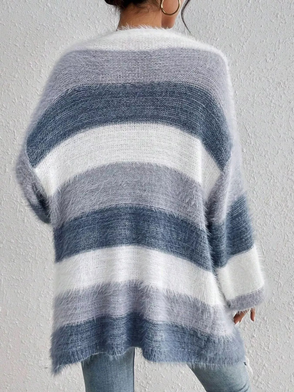 Striped fuzzy open front cardigan styled outfit look