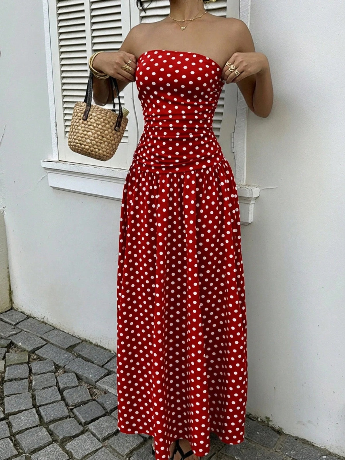Polka dot strapless maxi dress side view