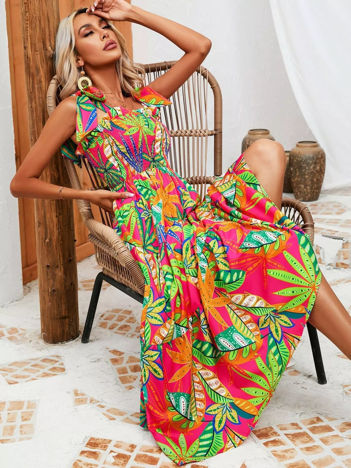 Tropical print smocked tie strap dress side view