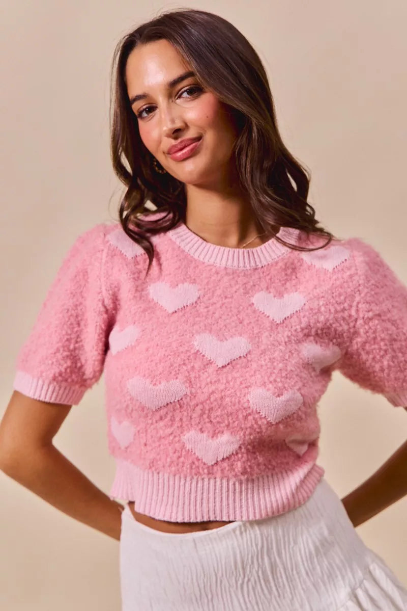 All Over Heart Cropped Sweater in Pink