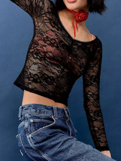 Lace Sheer Long Sleeve T-Shirt - Fashorio