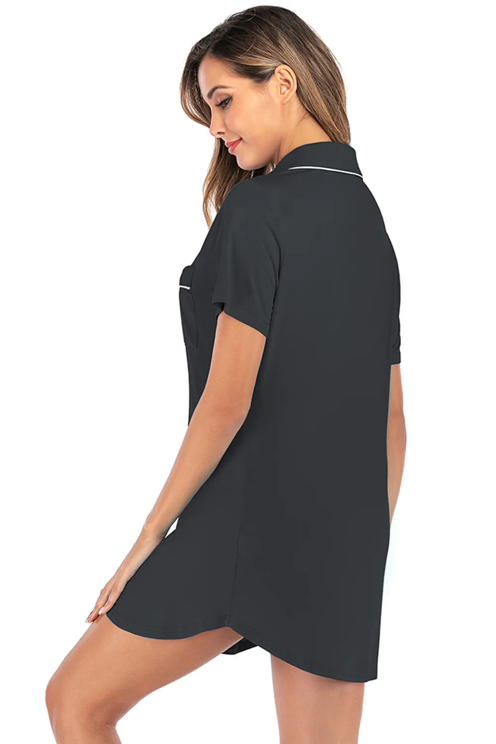Contrast Piping Pocketed Short Sleeve Lounge Dress - Fashorio