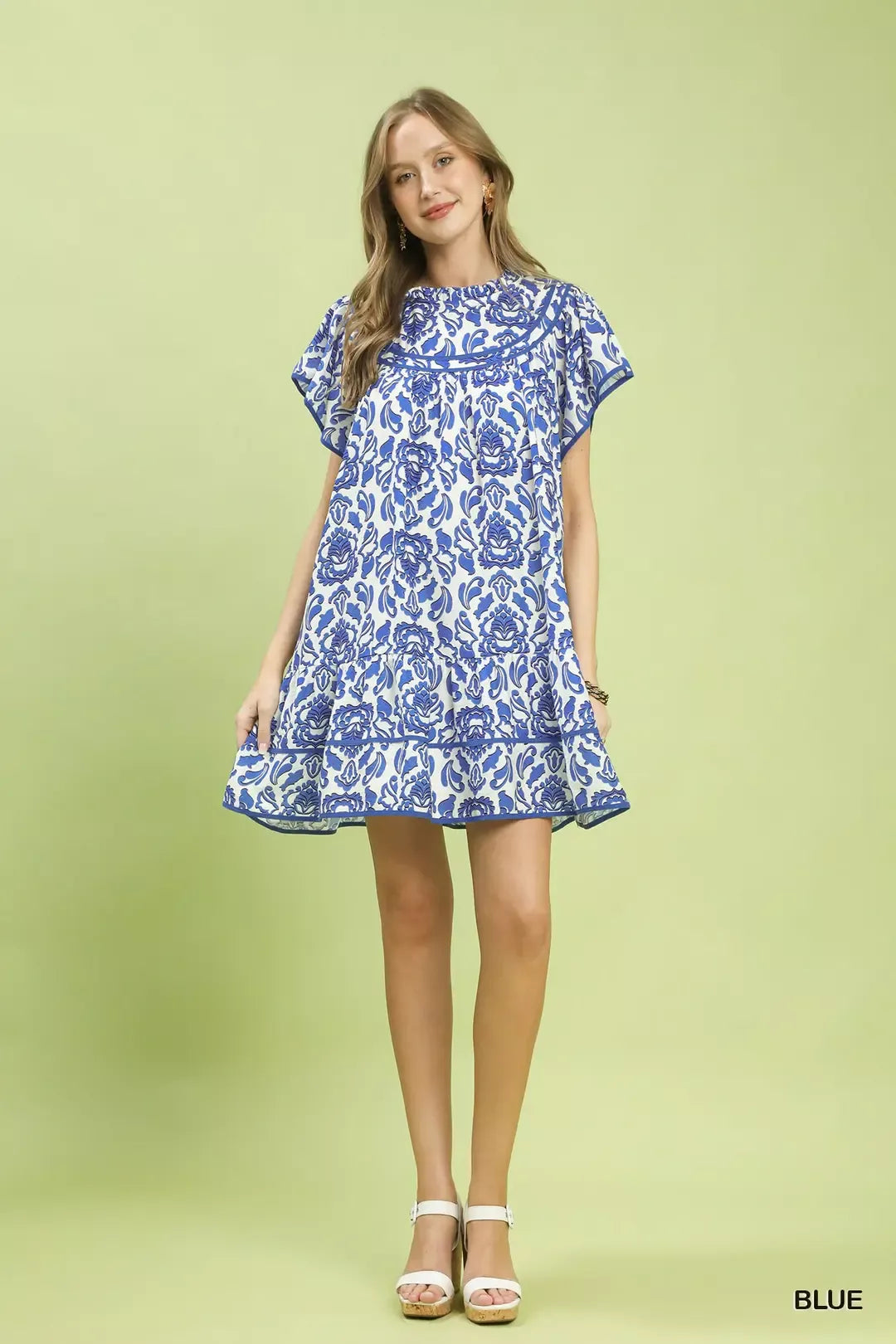 Abstract Print Babydoll Mini Dress in Blue styled look