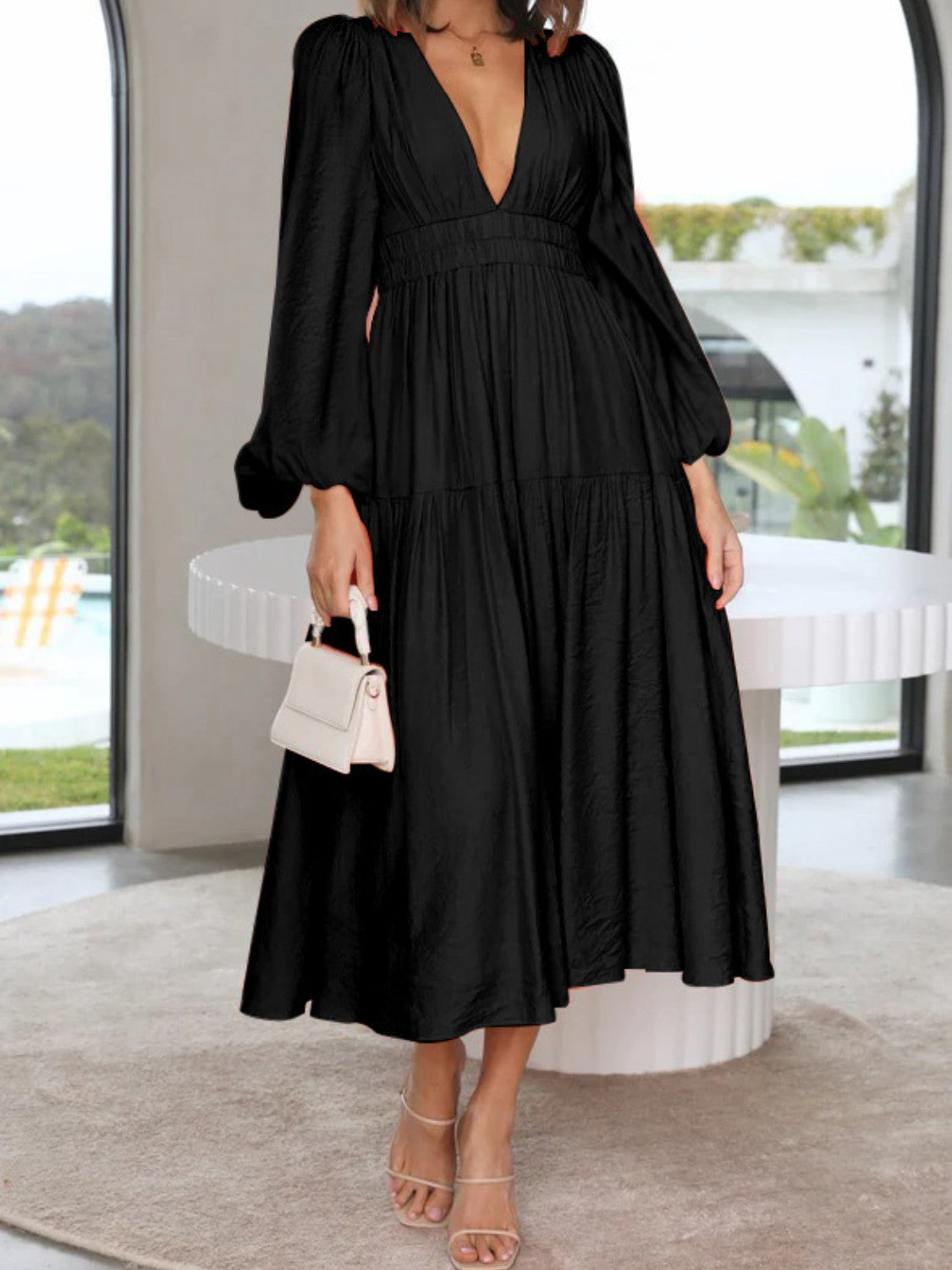 Deep V-Neck Balloon Sleeve Plain Maxi Dress Black - Fashorio