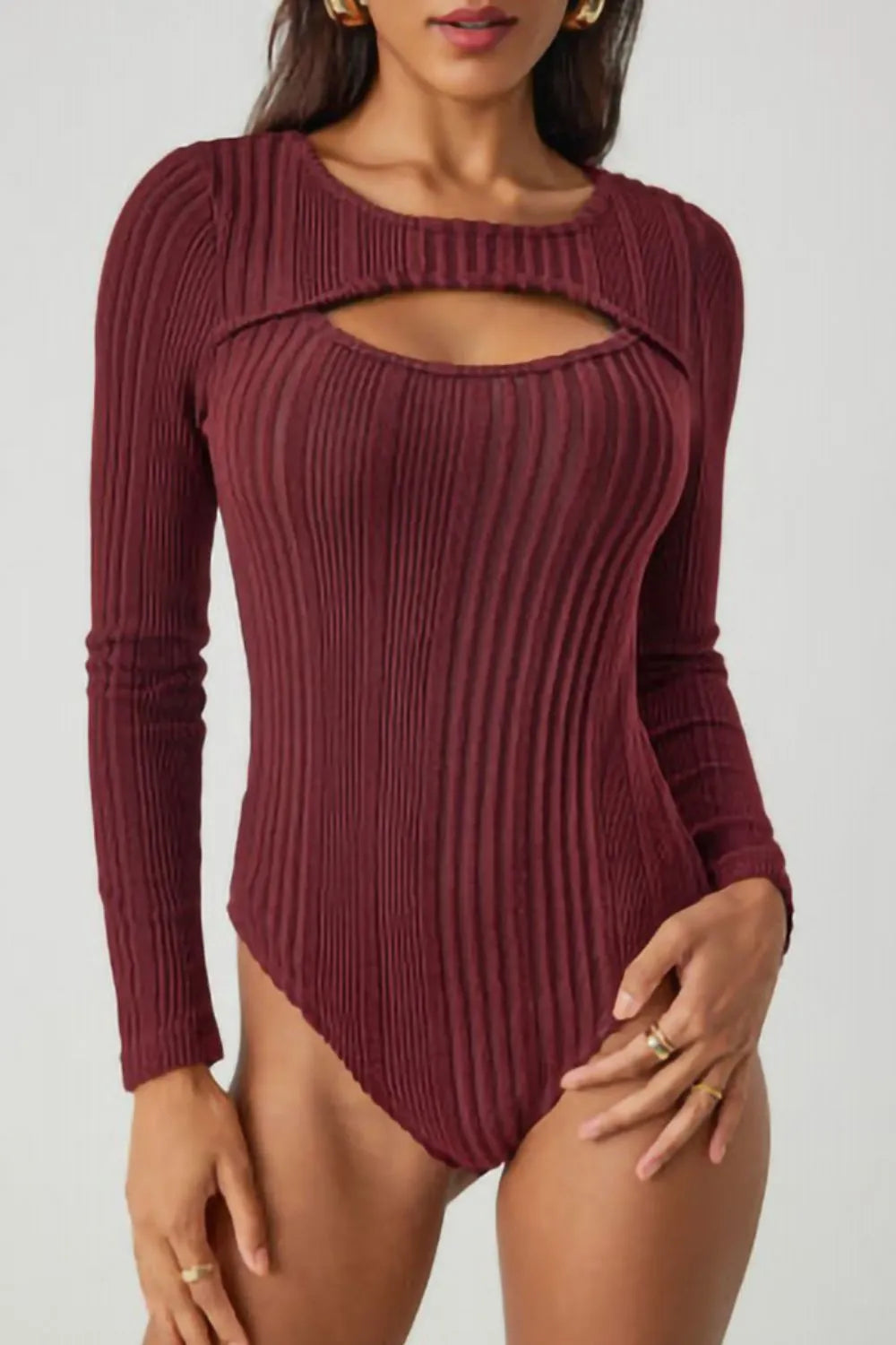 Ribbed Cutout Round Neck Bodysuit Deep Red - Fashorio
