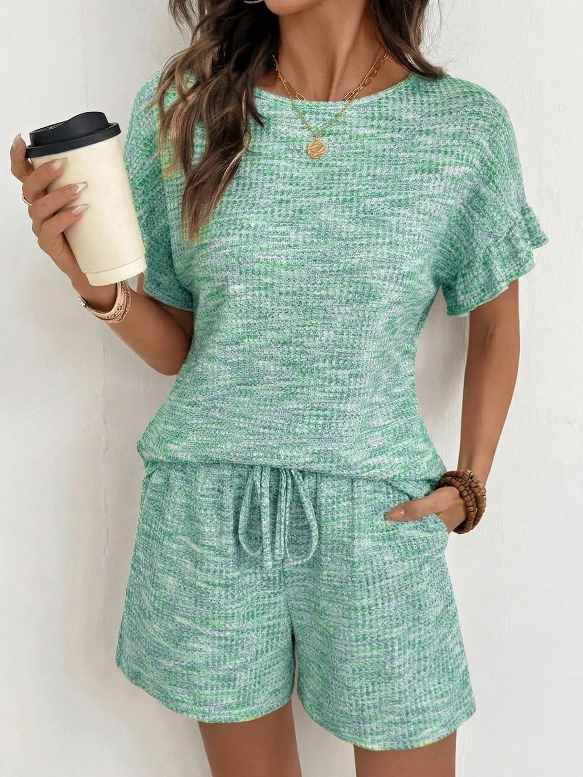 Ruffle Sleeve Textured Top and Shorts Set, view 14