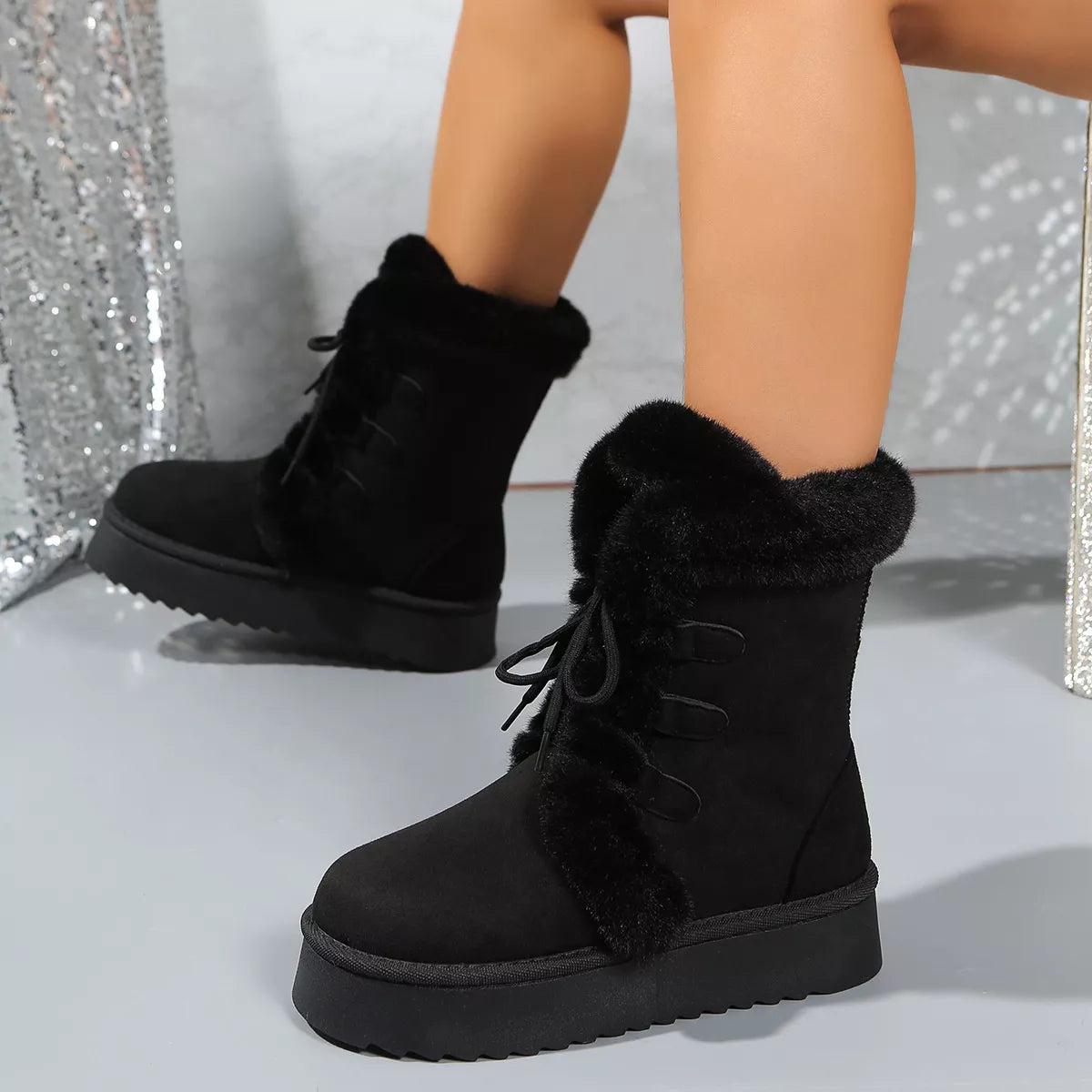 Fuzzy Trim Lace Up Platform Boots side profile