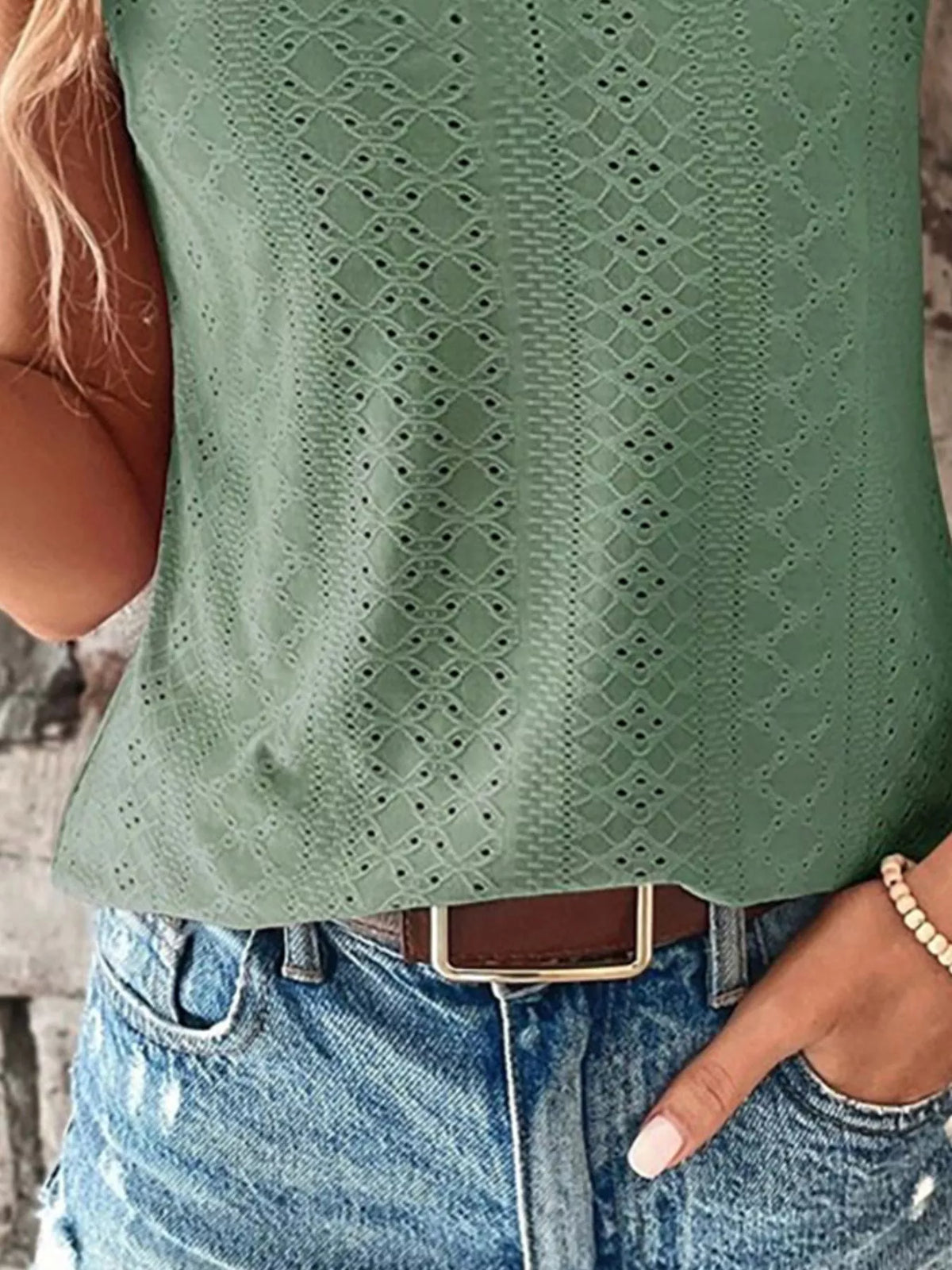 Eyelet trim tank top shown in a light neutral shade