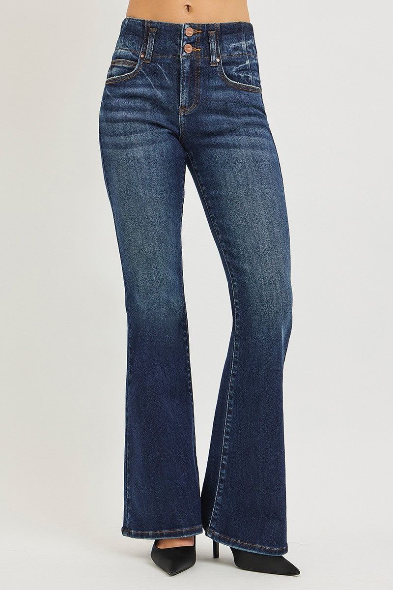 Flare jeans seam detail waistband close up