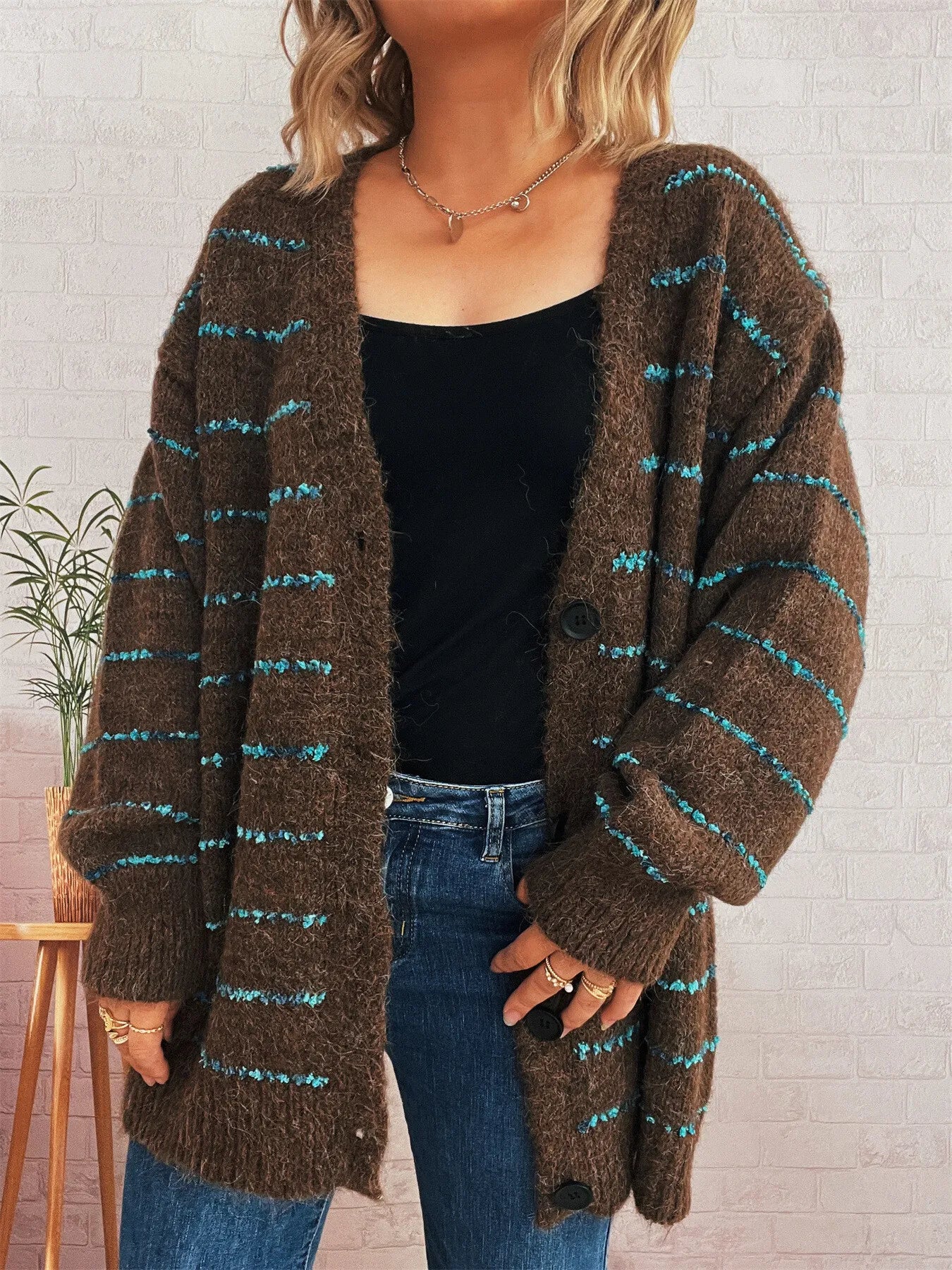 Striped Button-Up Cardigan with V-Neck Design - Fashorio