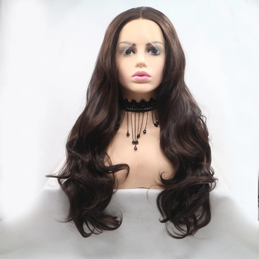 Long wavy brown lace front synthetic wig