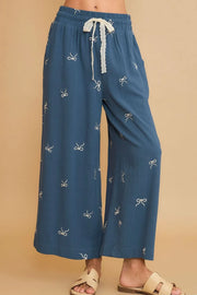 Umgee Full Size Lace Drawstring Embroidered Bow Wide Leg Pants Plus Size Dusty Blue - Fashorio