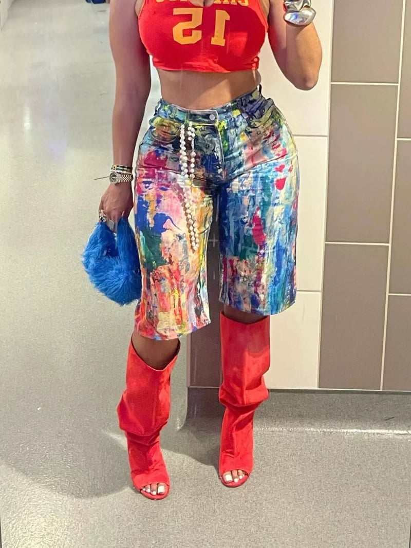 Multicolor artistic splash print shorts