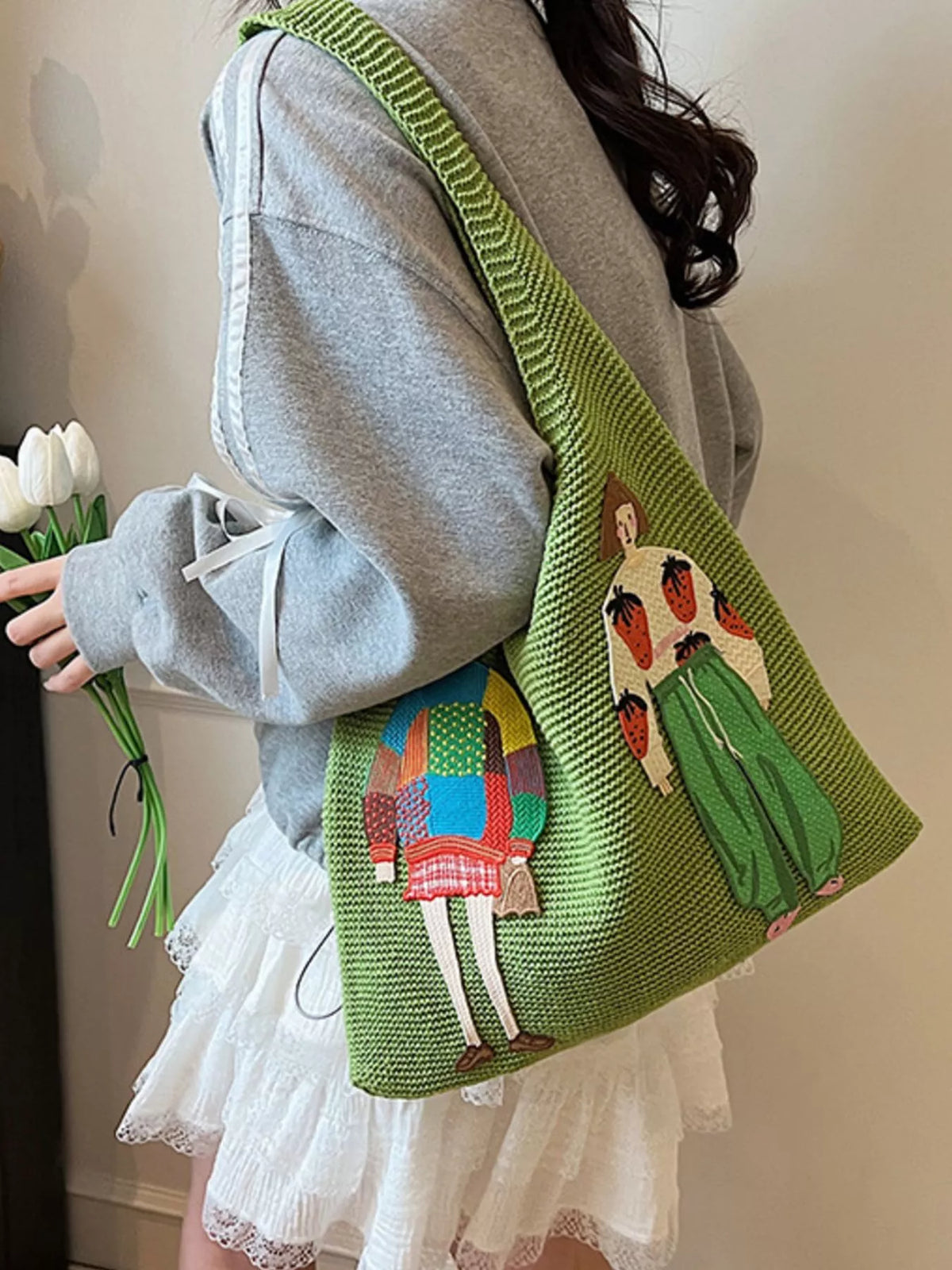 Interior of green woven tote purse
