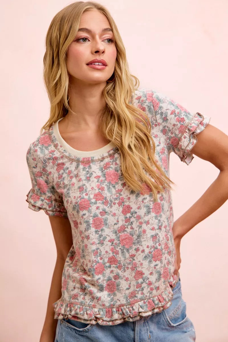 Rose floral print ruffle sleeve knit top three quarter view