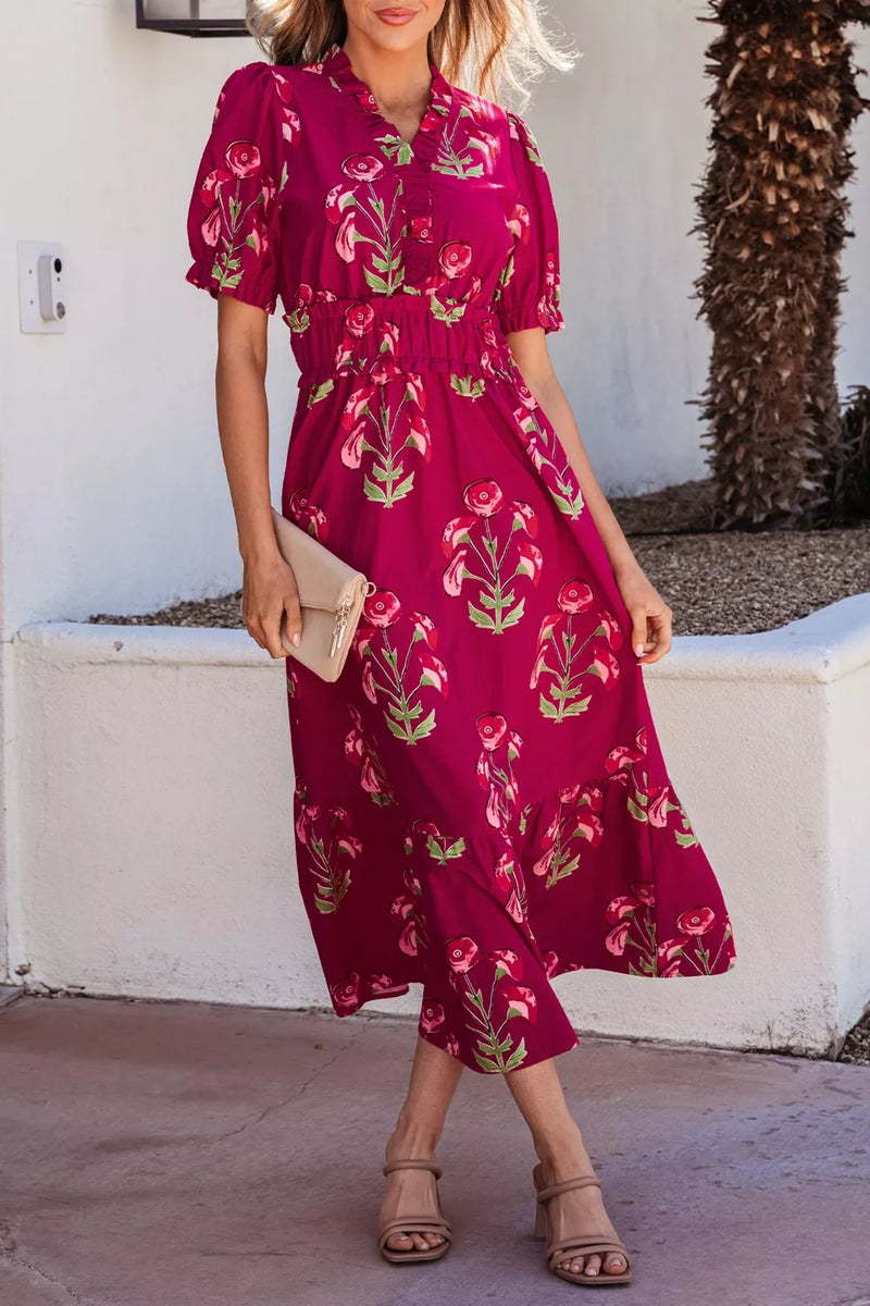 Scarlet floral print short sleeve midi dress front view