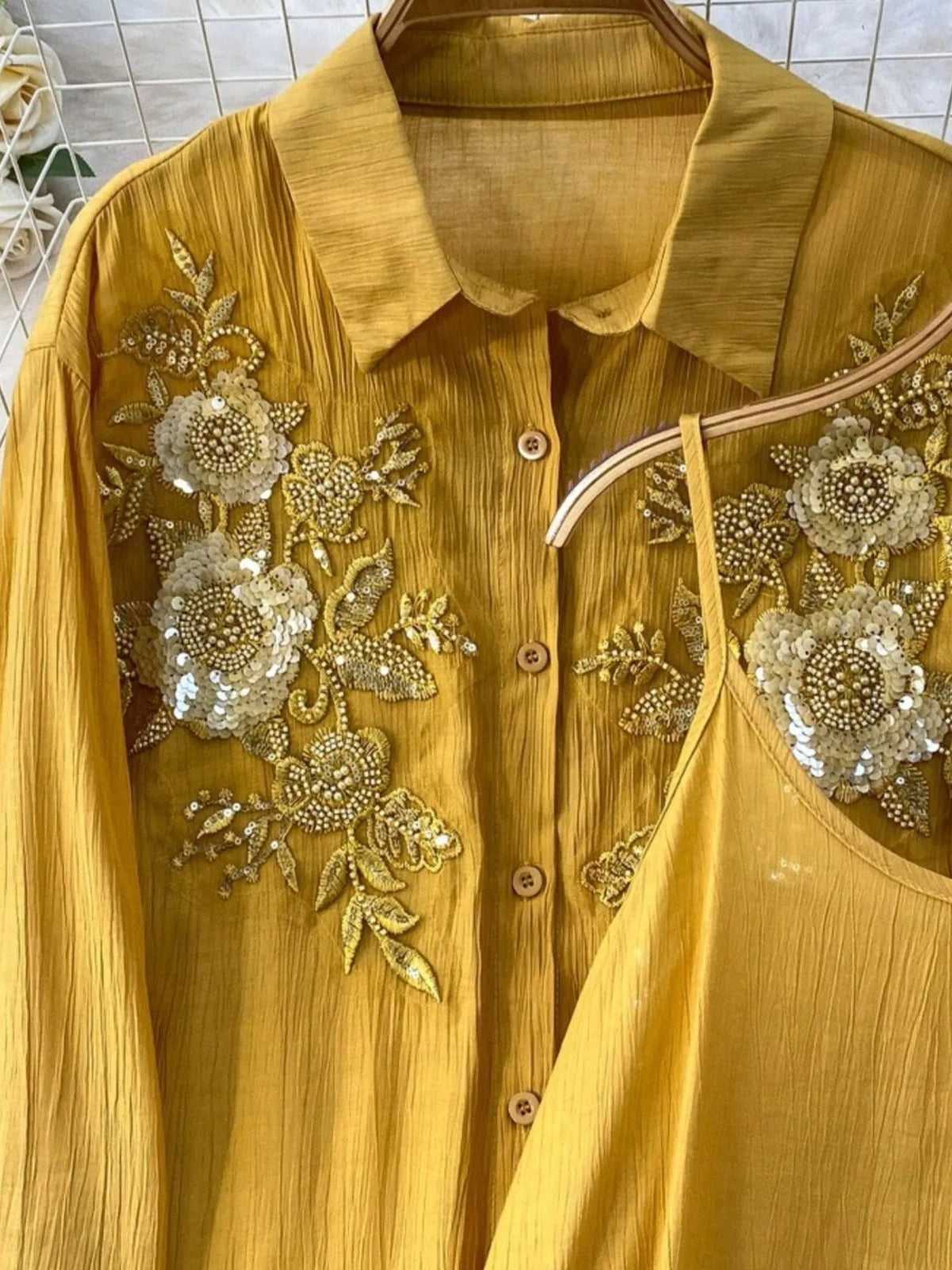Sequin Flower Button Up Shirt and Cami Dress Set, view 15