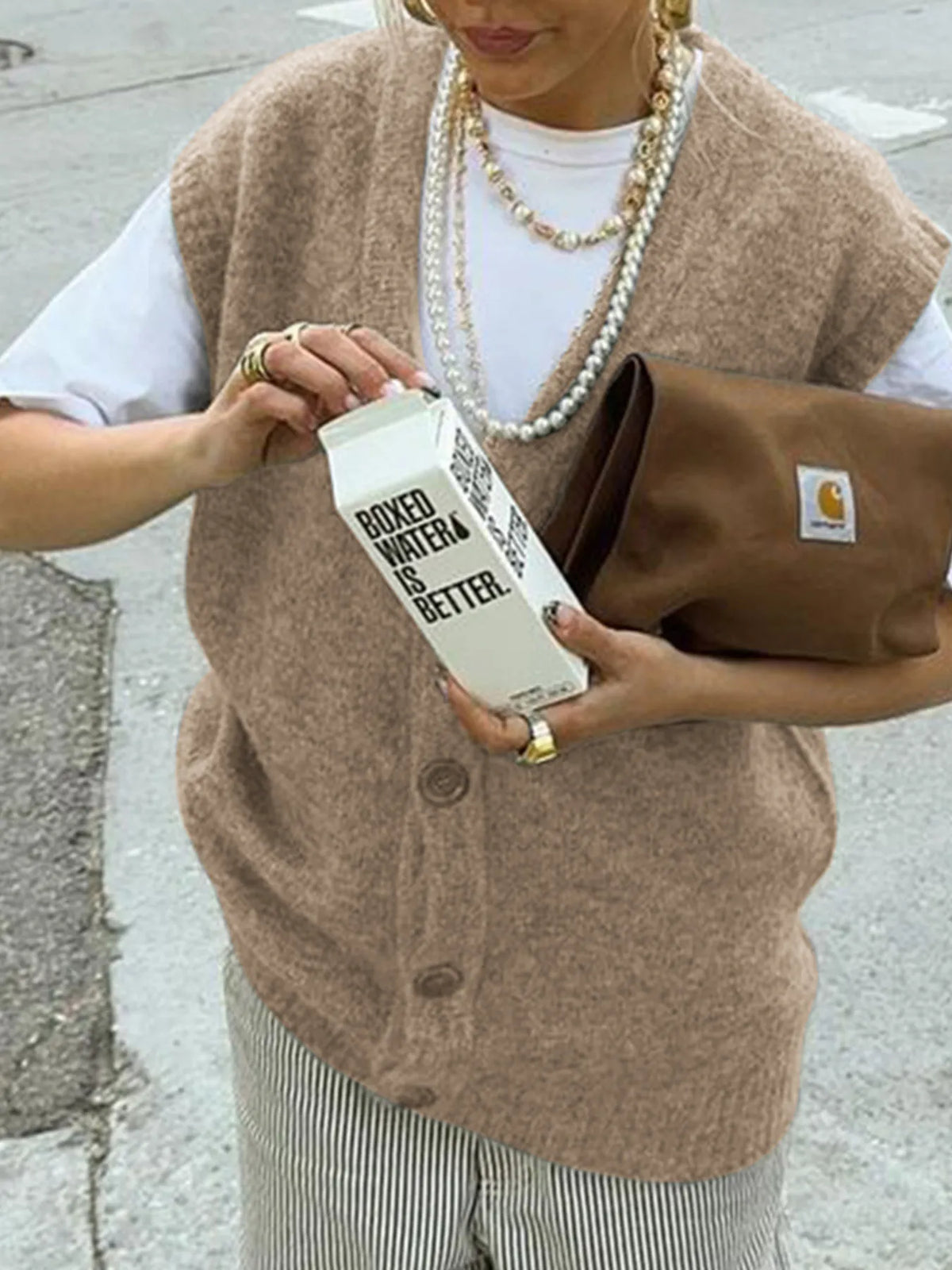 Button Front Sweater Vest in Brown side view