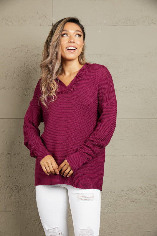 Woven Right Horizontal Ribbing Fringe Trim Hooded Sweater Red - Fashorio