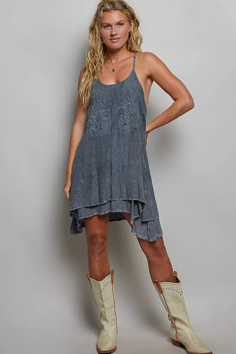 Charcoal viscose dress back view on a model