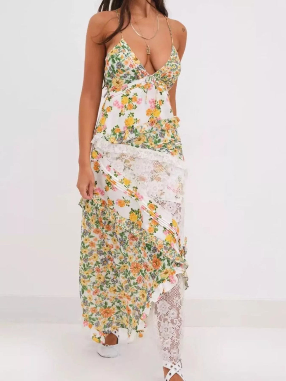 Lace detail ruffled floral v neck maxi dress, side profile
