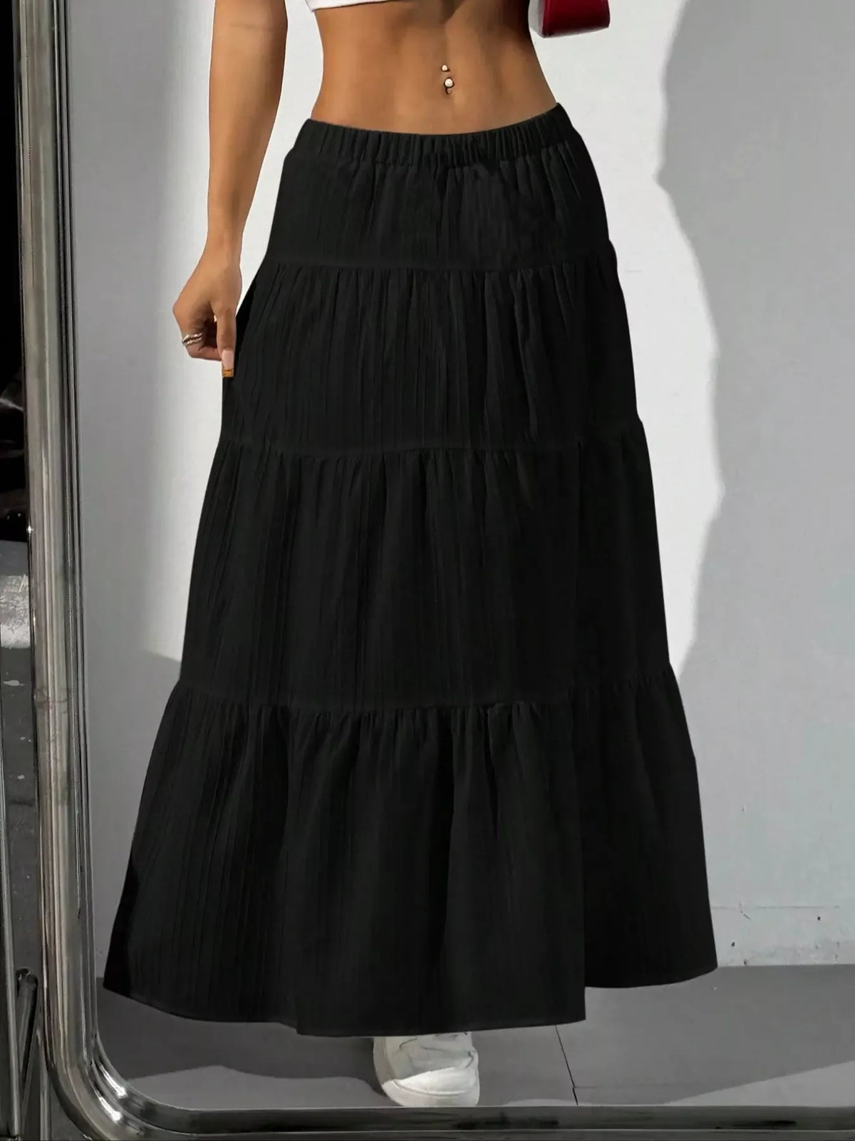 Back view of tiered maxi skirt