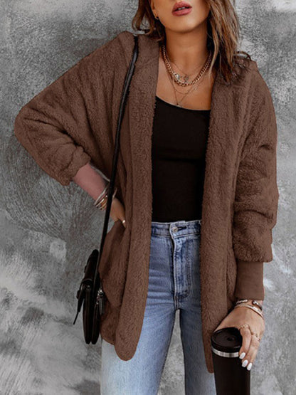 Open Front Hooded Faux Fur Outwear with Pockets Brown - Fashorio