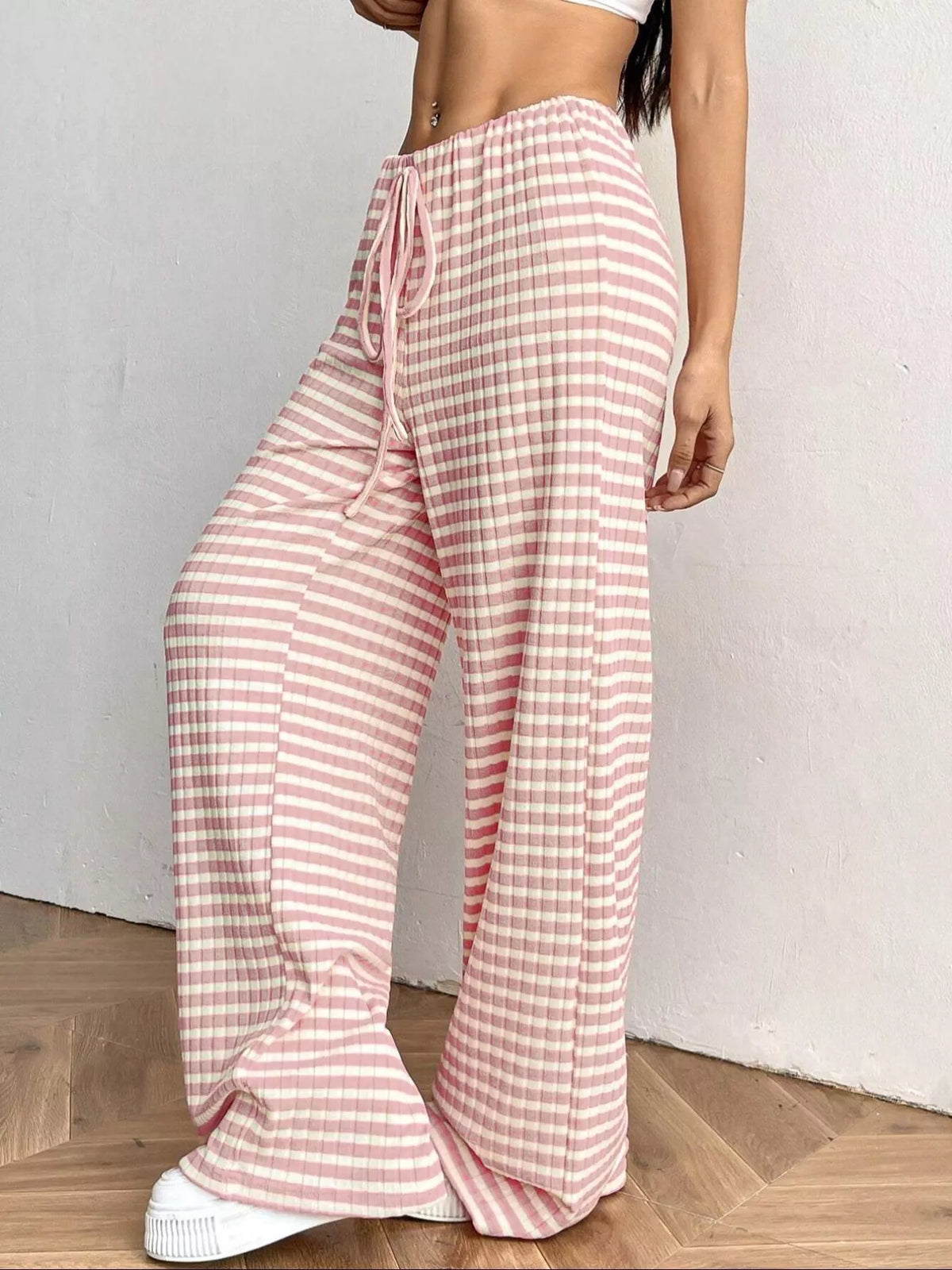 Model wearing the wide leg pants