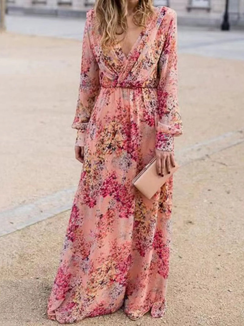floral print long sleeve maxi dress in pink front view
