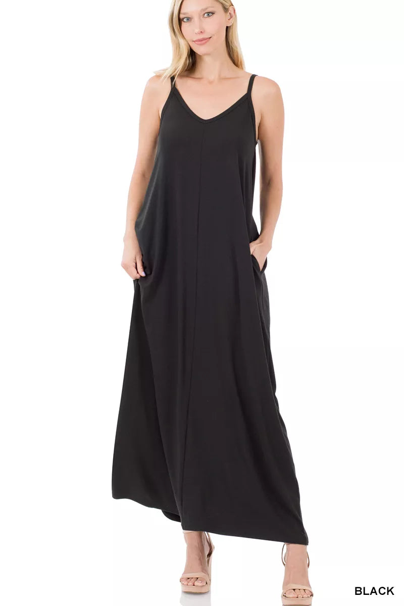 Black V neck cami maxi dress with pockets front view