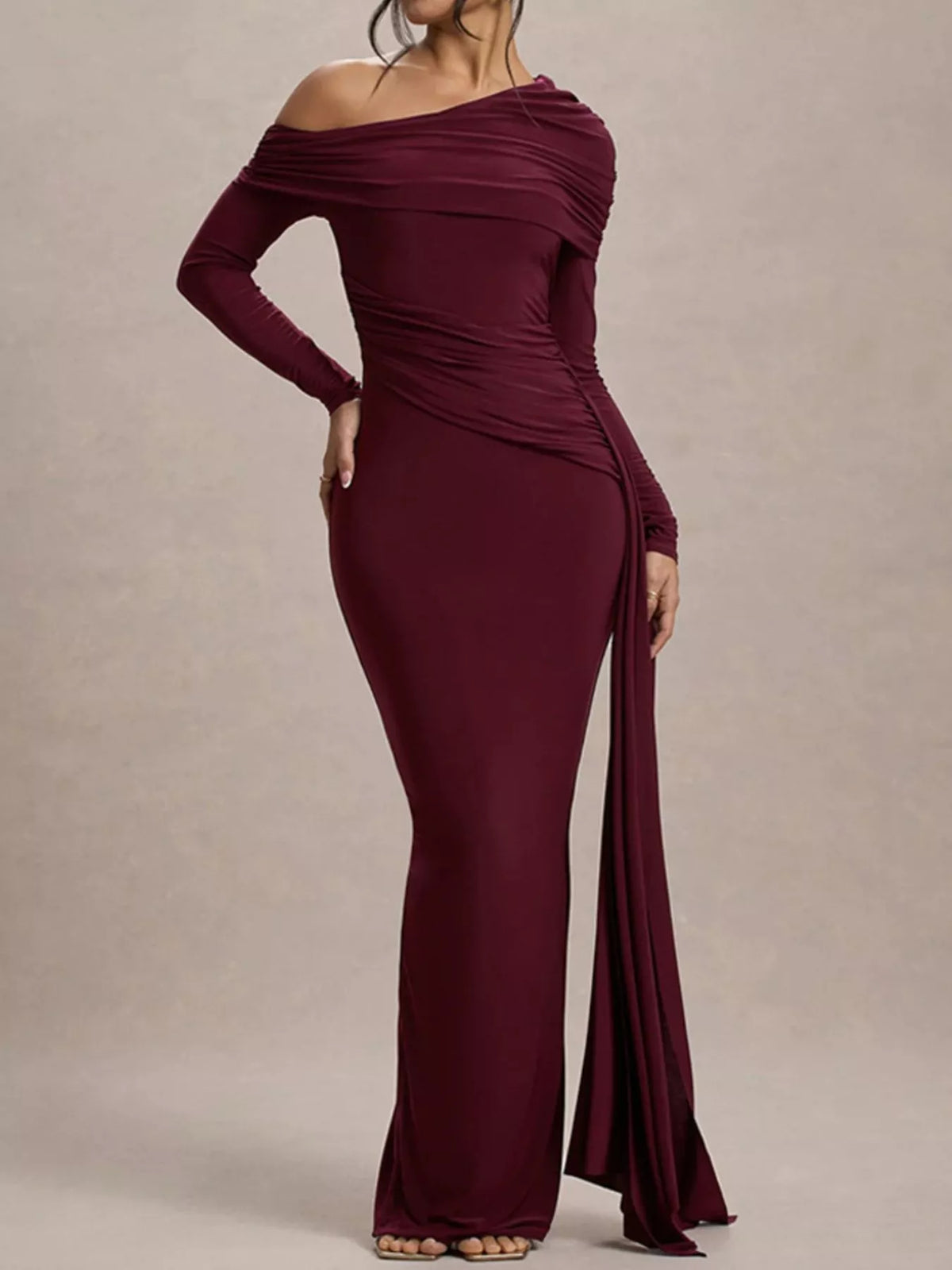 One shoulder ruched maxi dress back view