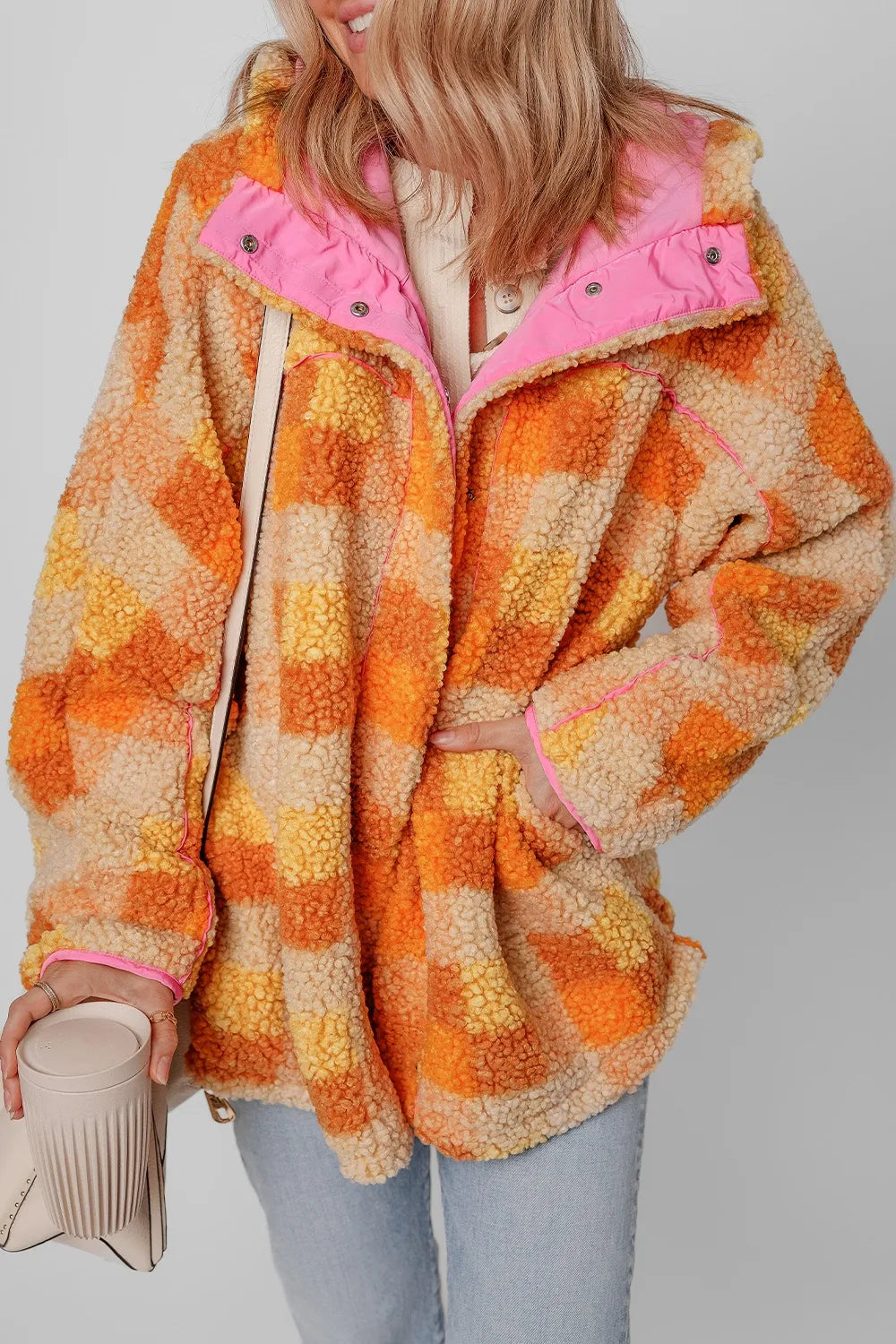 Checkered Sherpa Hooded Jacket in Tangerine side view