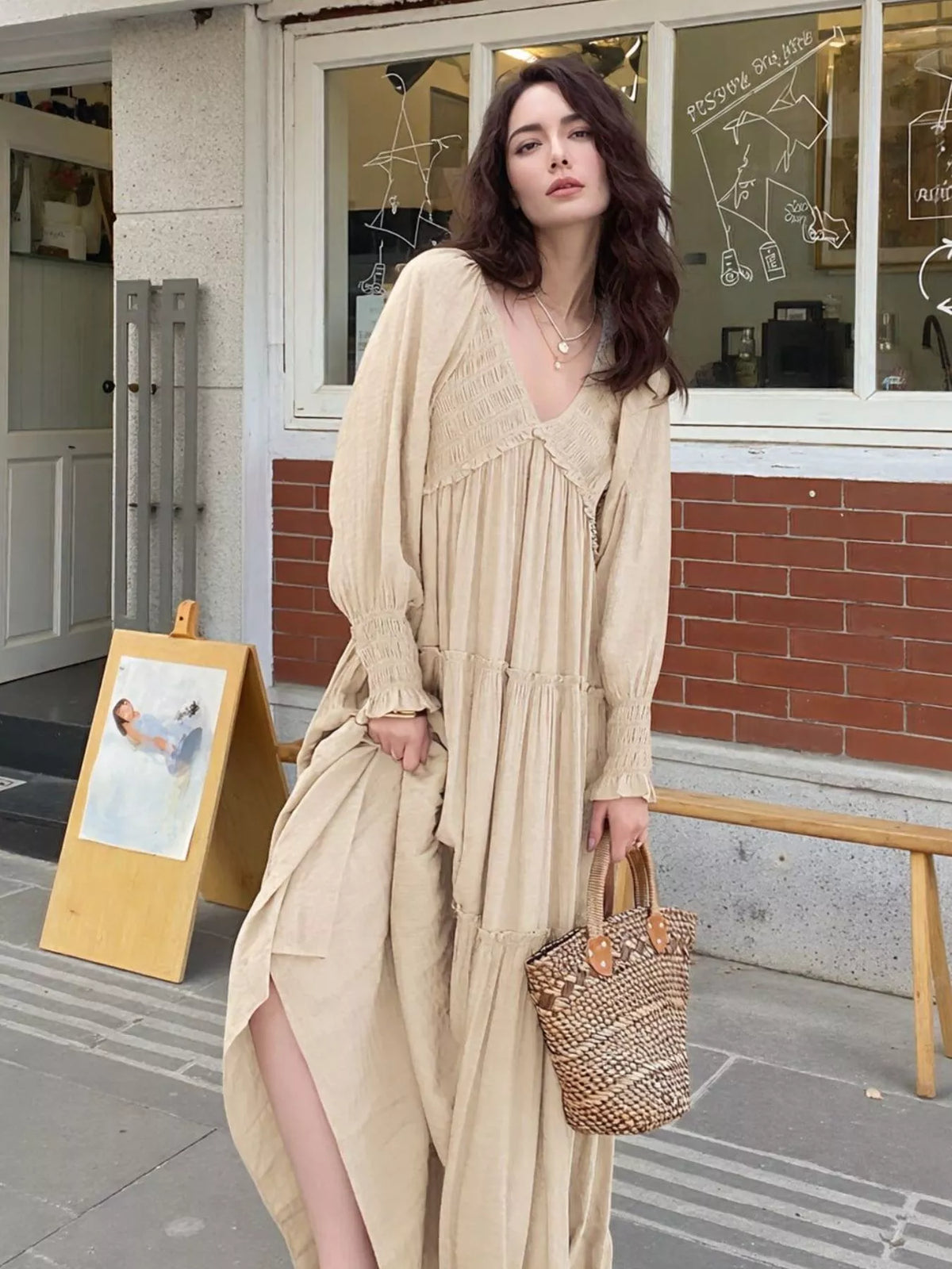 v neck long sleeve tiered maxi dress full length view