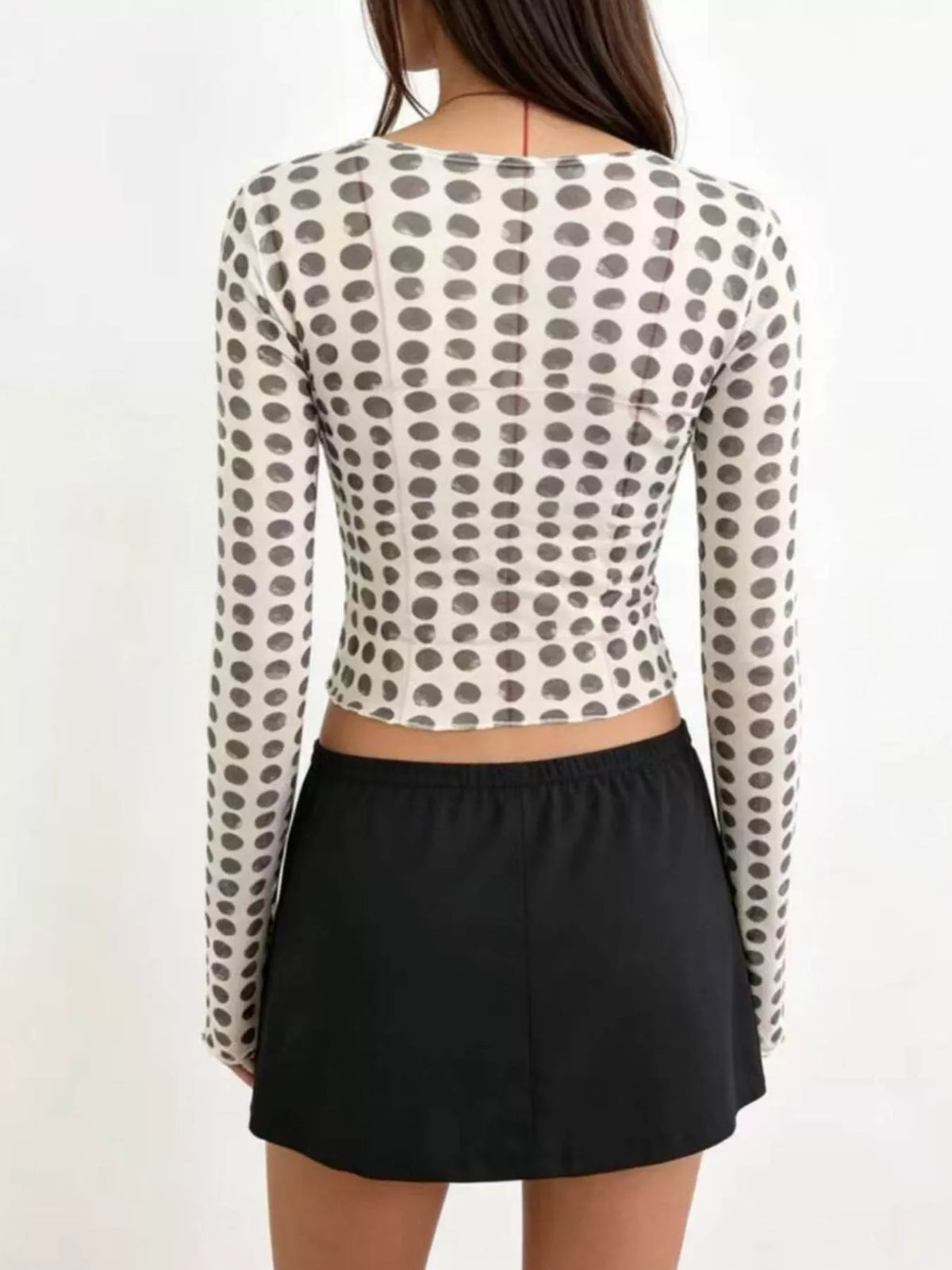 Polka dot mesh flare sleeve top back view