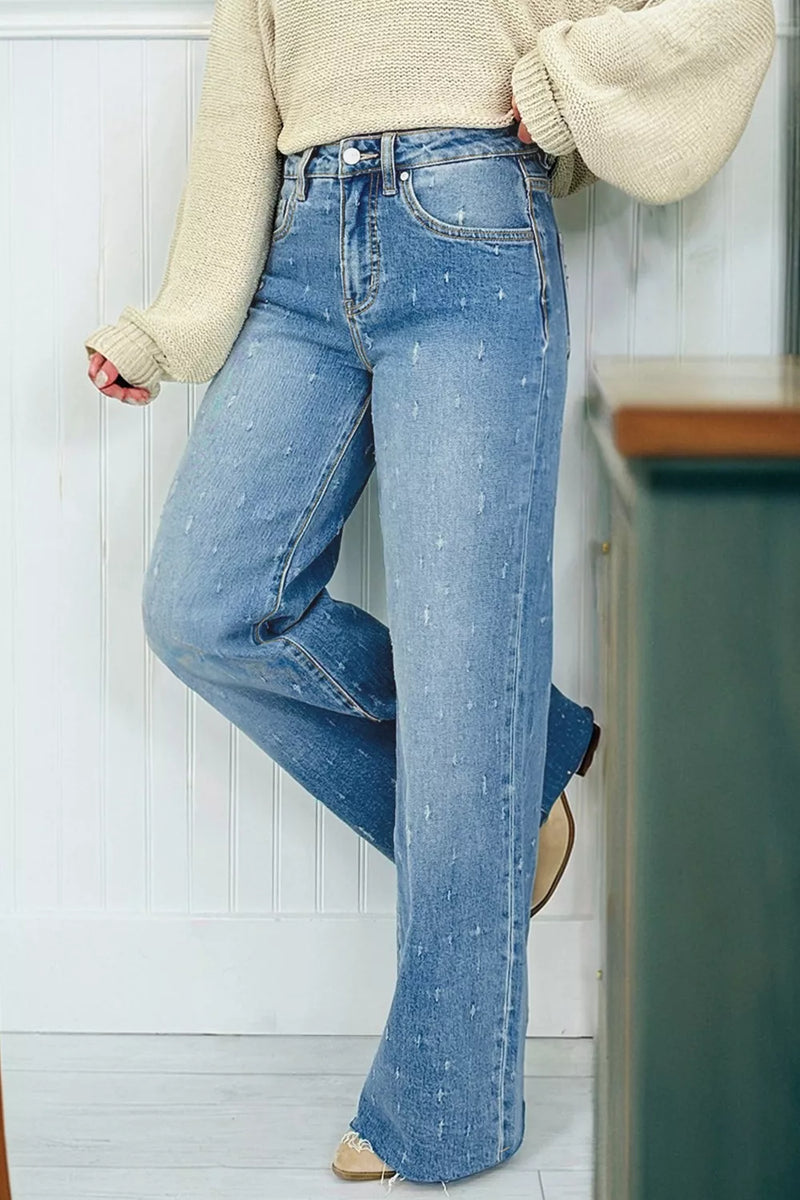 Distressed tummy control raw hem jeans in light blue front view