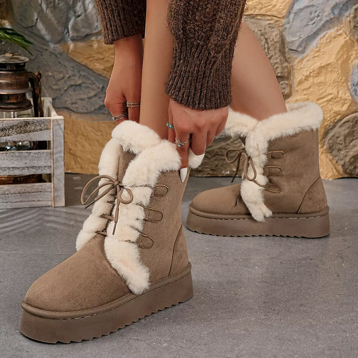 Black round toe platform boots upper texture detail