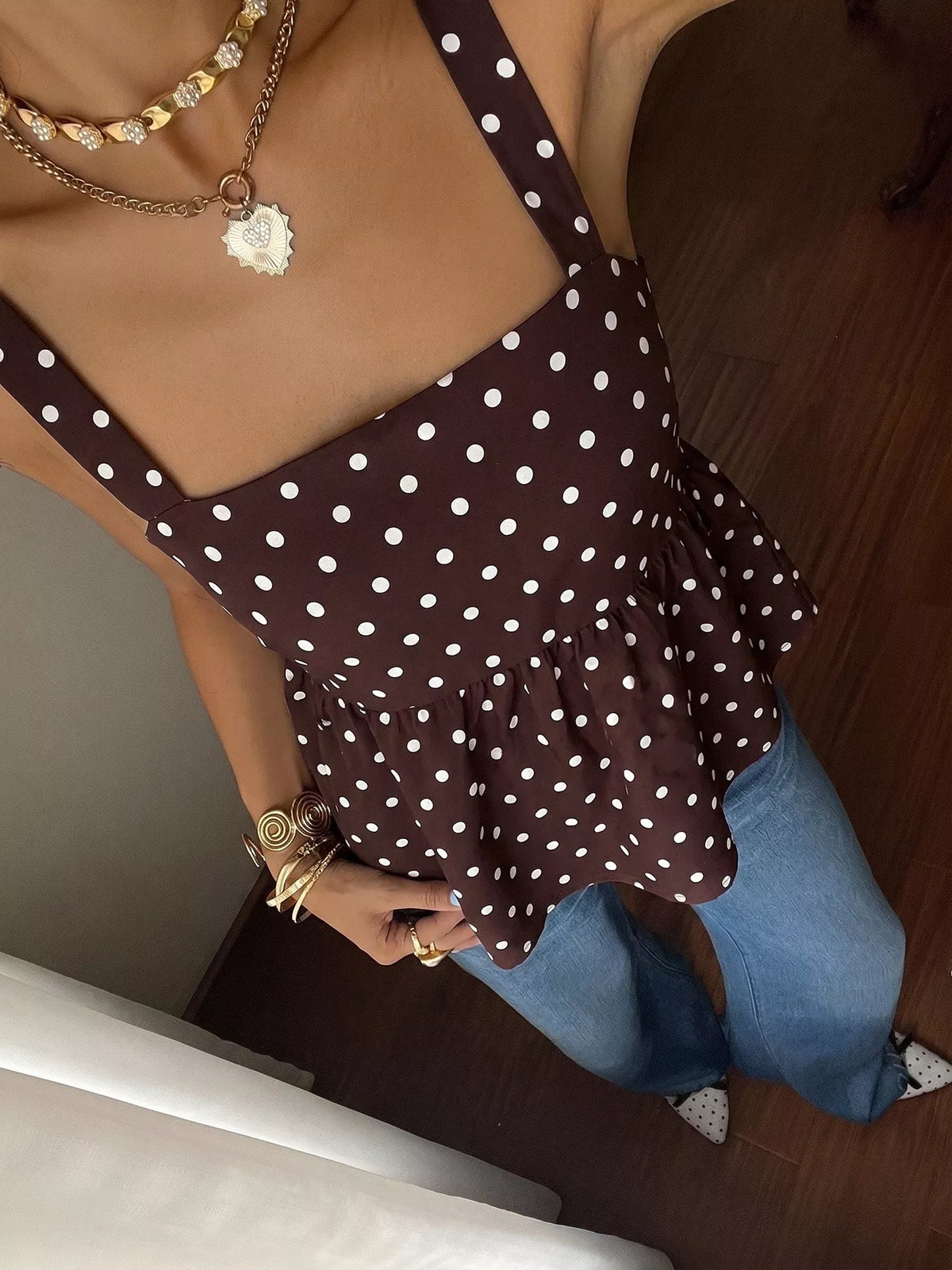 coffee brown polka dot tie back cami top detail