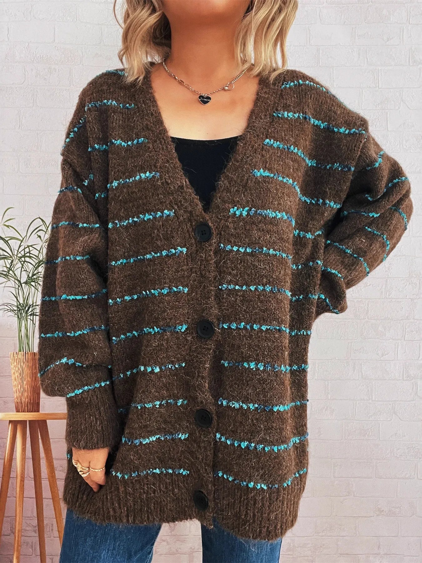 Striped Button-Up Cardigan with V-Neck Design - Fashorio