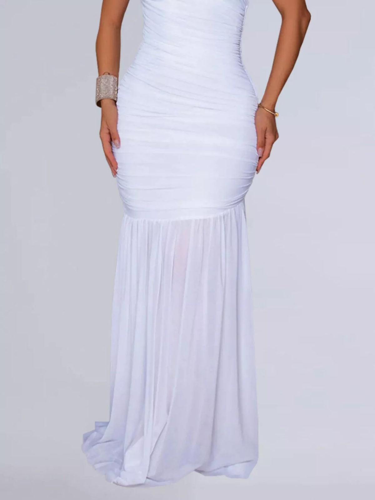 One shoulder ruched bodycon maxi dress side view