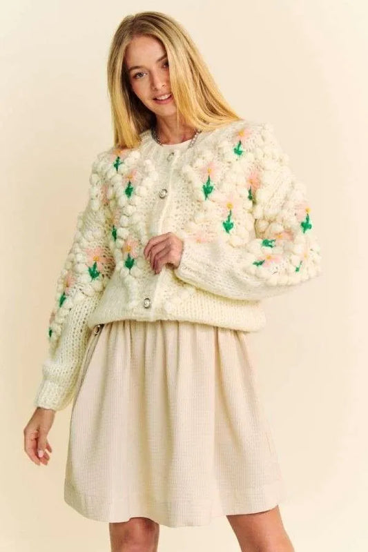 Davi & Dani Floral Pattern Button Down Cardigan Cream - Fashorio