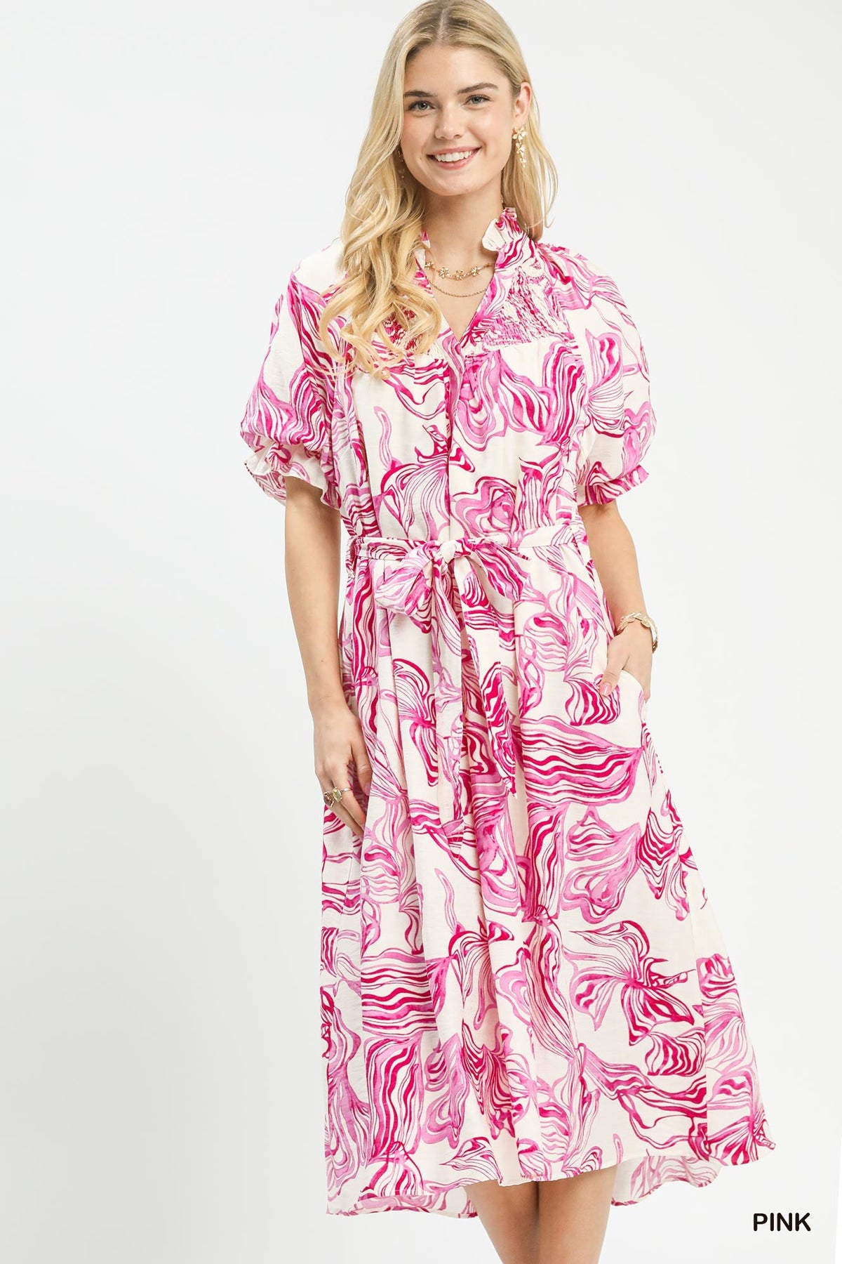 Abstract Print Smocked Tie Waist Midi Dress