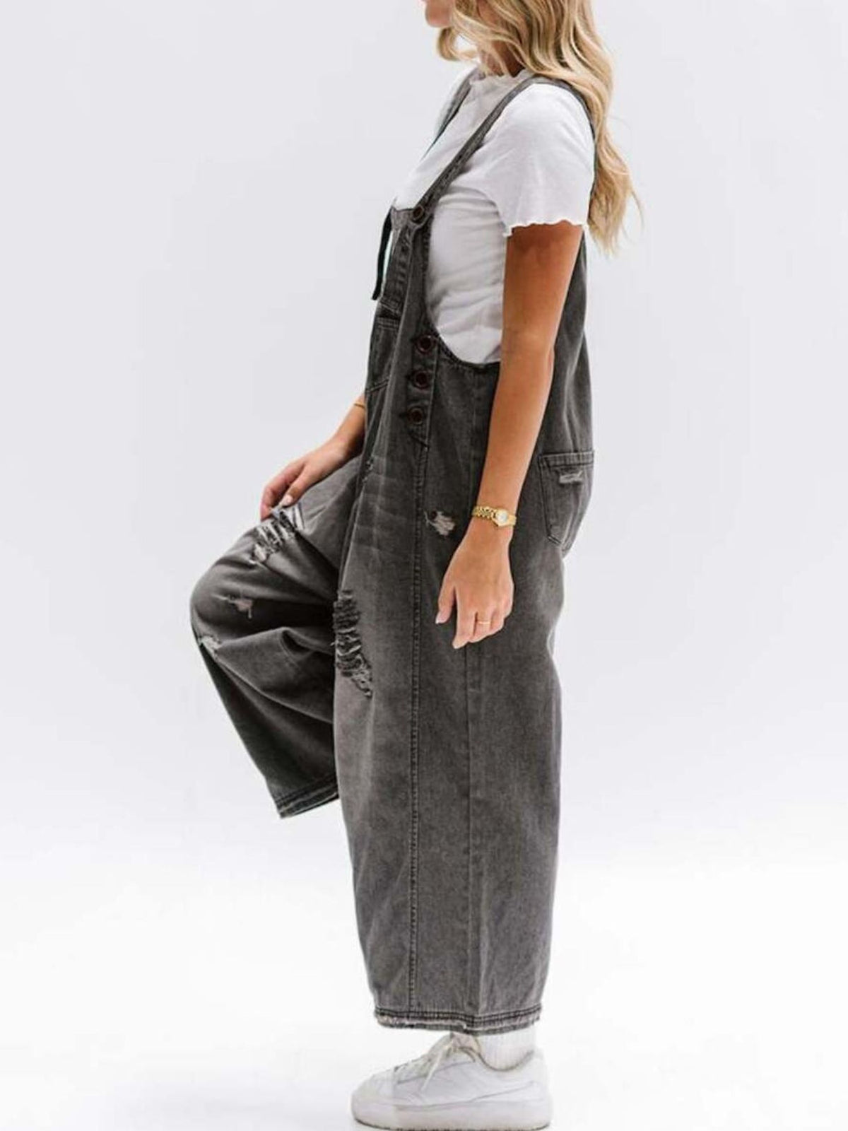 Wide leg denim overalls back view