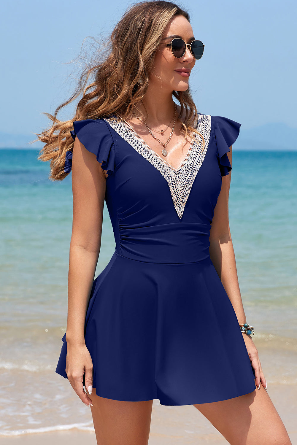 Ruffle V Neck One Piece Swim Dress Swimsuit, view 23