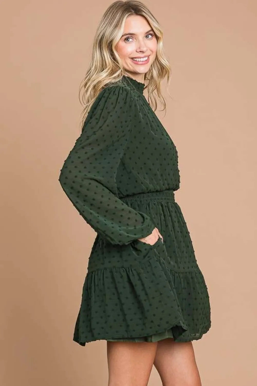 Swiss Dot Smock Neck Mini Dress with Pockets side view