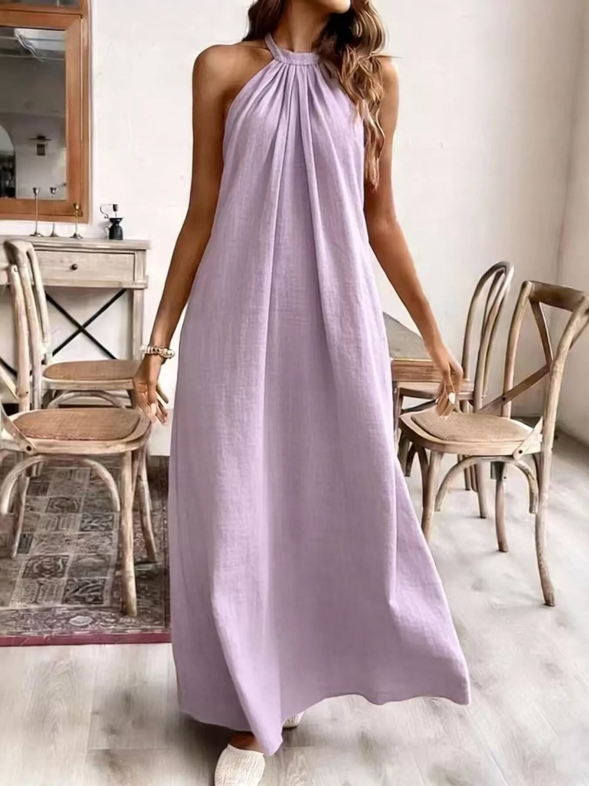 Halter neck ruched maxi dress fabric detail